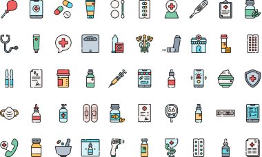 Yüksek Kaliteli Vektör Simgeleri Düzenlenebilir Vuruşlu Eczane ikonları. Profesyonel ve Yaratıcı Projeler için ideal.