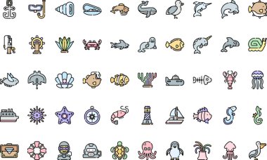 Deniz yaşamı ikonları Yüksek Kalite Vektör Simgeleri Düzenlenebilir Vuruşlar Koleksiyonu. Profesyonel ve Yaratıcı Projeler için ideal.