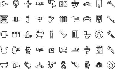 Yüksek Kalite Vektör Simgeleri Düzenlenebilir Vuruşlu Tesisat Simgeleri Koleksiyonu. Profesyonel ve Yaratıcı Projeler için ideal.