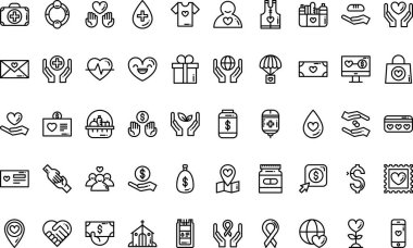 Charity simgeleri: Düzenlenebilir Vuruşlu Yüksek Kaliteli Vektör Simgeleri Koleksiyonu. Profesyonel ve Yaratıcı Projeler için ideal