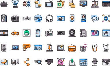 Medya teknolojisi Yüksek Kaliteli Vektör Simgeleri Koleksiyonunu Düzenlenebilir Vuruşla simgeler. Profesyonel ve Yaratıcı Projeler için ideal.