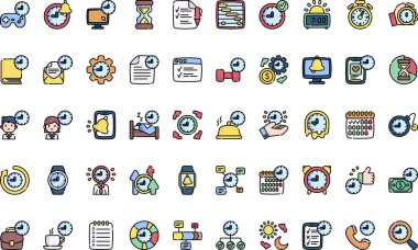 Zaman yönetimi simgeleri Düzenlenebilir Vuruşlu Yüksek Kaliteli Vektör Simgeleri Koleksiyonu. Profesyonel ve Yaratıcı Projeler için ideal