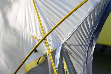 Gün ışığında ormanda kamp çadırı ayrıntıları