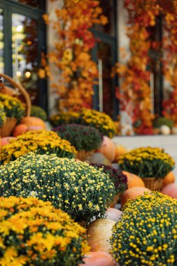 Geleneksel sonbahar tatili için dekore edilmiş ev girişi