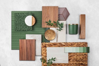 Composition of different types of materials for interior design and decoration clipart