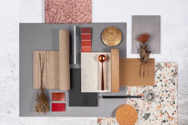 Composition of different types of materials for interior design and decoration clipart