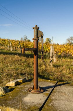 Bitkileri sulamak ve susuz gezginler için üzüm bağının kenarında eski paslı bir çizim..