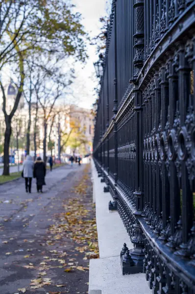 A massive fence made of forged iron along a sidewalk in Vienna\'s inner city with few people.