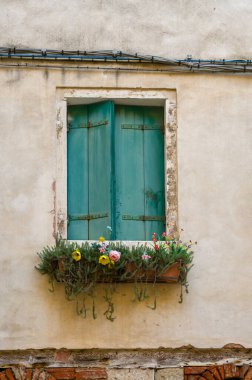 Yıllanmış deniz mavisi panjurları bir pencereyi çiçek kutusuyla çerçeveler. Venedik tarzı cephe.
