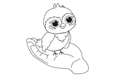 Boyama kitabı. Palmiyeye şirin bir kuş oturur. Vektör çizimi, çocuklar için boyama kitabı. Karalama geçmişi. çizgi film karakterleri