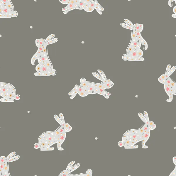 Çiçeksiz desenli şirin tavşanlar. Bebek Paskalya duvar kâğıdı. Yeşil aşk arkaplanı.