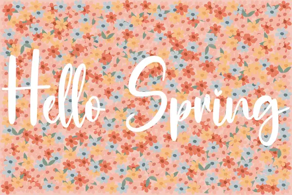 Basit pembe sarı çiçekli bahar çiçeği deseni. Kırmızı, mavi çiçek ve pembe arka planda yapraklar ve Hello Spring harfleri. Tatlı doğal arka plan..