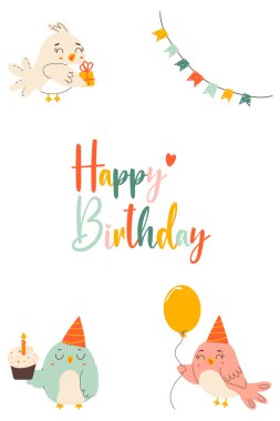 Hediye tutan sevimli kuşlar, bir balon, mumlu bir pasta. Basit bir çocuk el çizimi tarzında şirin bir tatil çizgi filmi karakteri. Doğum günü yazısıyla vektör şablonu