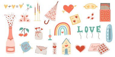 Sevgililer Günü için vektör ayarlandı. Çeşitli romantik eşyalar. Kalp, şampanya, mumlar, şemsiye, yastık, kelebek, dut, zarf. Beyaz izole arkaplan.