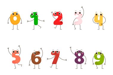 Harika sayılar sembolü seti. El çizimi komik çizgi film karakterleri. 0 ile 9 arası çizgi roman koleksiyonu