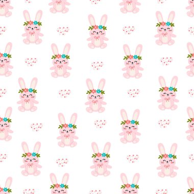 Sevimli tavşanlar, kusursuz desenler. Çocukların doğum günü duvar kâğıdı. Tekstil, duvar kağıdı, ambalaj, kapak, ağ, kart, kutu, baskı, pankart, seramik için şablon