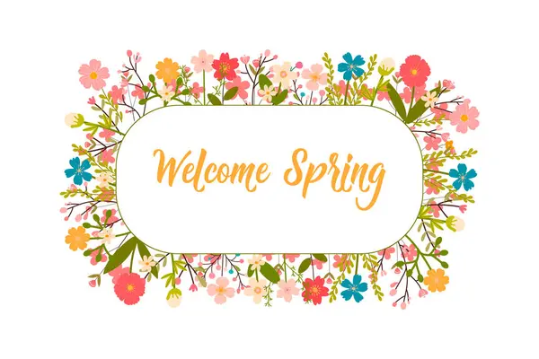 Bahar çiçeklerinin gösterişli afiş çerçevesi. İlkbahara hoş geldin yazılı.