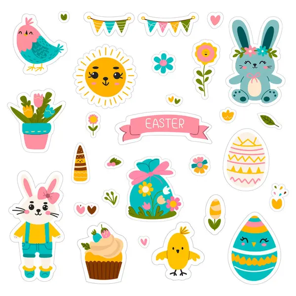 Paskalya çıkartmaları güzelmiş. Tavşan, güneş, yumurta, kuş, tavuk, kek. Paskalya öğeleri.