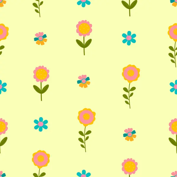 Seamless vector pattern.Flowers, sunflowers, daisies on a yellow background.Pattern for textiles, wallpaper, packaging, cover, web, postcard, box, print, banner, ceramics