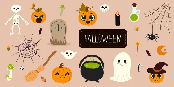 Cadılar bayramı için hoş elementler. İskelet, tabut, süpürge, iksir, balkabağı, hayalet, sinek, örümcek, şeker. Selamlama için vektör illüstrasyonu 