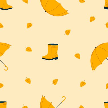 Şemsiyesiz sonbahar arkaplanı olan şirin botlar. Tekstil, duvar kağıdı, ambalaj, kapak için şablon