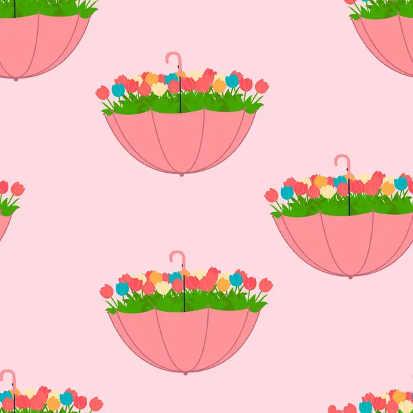 Laleleri dikişsiz bahar arkaplanı olan şirin şemsiye. Tekstil, duvar kağıdı, ambalaj, kapak için şablon