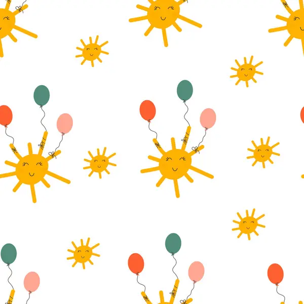 Geçmişinde pürüzsüz balonlar olan şirin bir güneş. Doğum günü. Tekstil, duvar kağıdı, ambalaj, kapak için şablon
