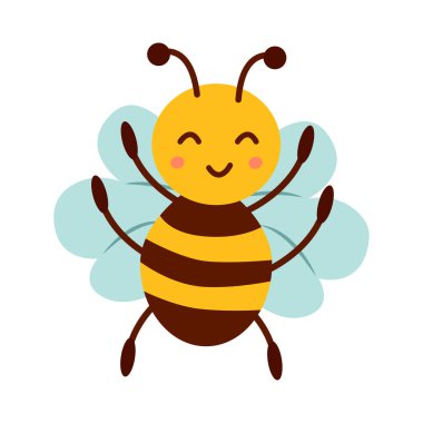 Sevimli çizgi film arısı düz bir şekilde çocuksu vektör çizimi. Komik arılar. Poster, tebrik kartı ve çocuk tasarımı için..