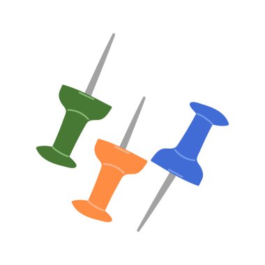 Sevimli çizgi film, plastik kapaklı ve iğneli raptiyeler. Düğme, işaret, reklam panosuna kağıt yapıştırmak için düğme başı. El yapımı ofis ve okul kırtasiyesi izole edildi.