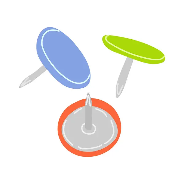 Sevimli çizgi film, plastik kapaklı ve iğneli raptiyeler. Düğme, işaret, reklam panosuna kağıt yapıştırmak için düğme başı. El yapımı ofis ve okul kırtasiyesi izole edildi.