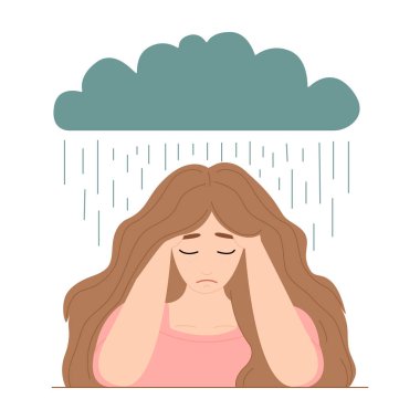 Depresyon kavramı. Genç üzgün ve üzgün kız ağlıyor, depresyon, psikoterapi sorunları, akıl sağlığı, başının üstünde yağmur bulutu var. Vektör illüstrasyonu.