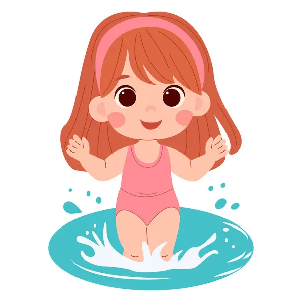 Sarı saçlı, pembe mayo giymiş, beyaz arka planda suda oynayan sevimli çizgi film kızı. Çocuklar için tişört baskısı. Vektör illüstrasyonu kavramı