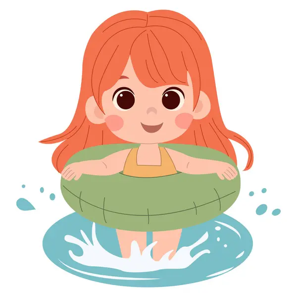 Yüzen yüzüklü, eflatun mayo giymiş, beyaz arka planda suda oynayan sevimli çizgi film kızı. Çocuklar için tişört baskısı Vektör çizimi kavramı