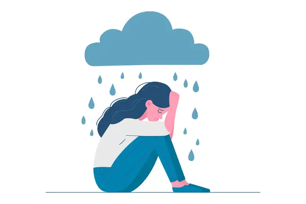 Depresyon kavramı. Genç üzgün ve üzgün kız ağlıyor, depresyon, psikoterapi sorunları, akıl sağlığı, başının üstünde yağmur bulutu var. Vektör illüstrasyonu.