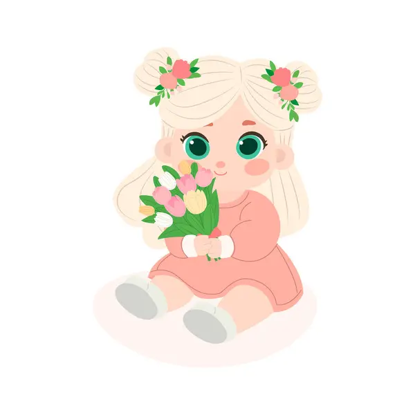 Beyaz bir arka planda bir buket laleyle oturan tatlı bir kız. Anneler Günü veya doğum günü tebrik kartı için vektör düz çizim.