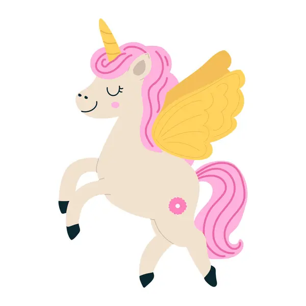 Beyaz arka planda izole edilmiş şirin sihirli tek boynuzlu at. Çocukların fantezi karakteri. Tişört veya çıkartma için yazdır