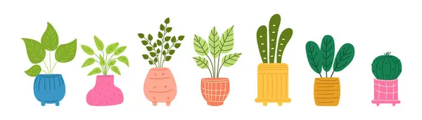 Karalama tarzında ev bitkileri. Farklı saksılarda kapalı kaplar. Ev ormanı. Pankartlar, posterler, çıkartmalar, profesyonel tasarımlar için harika..