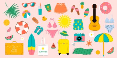 Çıkartmalar ve hatıra defterleri için yaz vektörü ayarlandı. Simgeler, işaretler, pankartlar. Parlak yaz posteri. Yaz tatilleri için koleksiyonun unsurları.