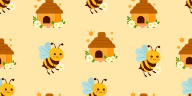 Arılarla, arı kovanlarıyla, sarı arkaplan vektör resimlerinde izole edilmiş tatlı çiçeklerle kusursuz desen. Tatlı bal izi arkaplanı.