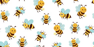 İzole edilmiş beyaz arka planda sevimli arıları olan kusursuz yaz ve bahar desenleri. Vektör düz resimleme