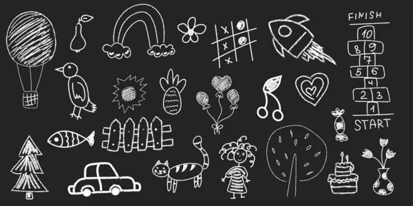 Tahtaya elle tebeşirle çizilmiş vektör karalamaları. Şirin çiçek, roket, hayvan unsurları, araba, klasikler, ağaçlar. Tekstil, poster ve el ilanları için bebek bakımı hayvan tasarımı