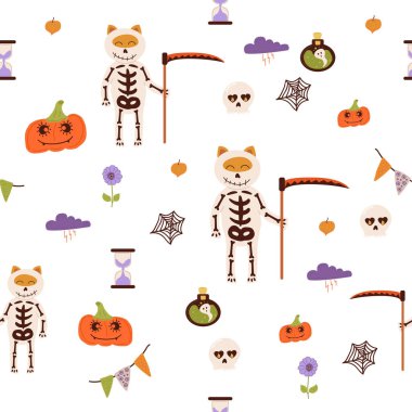 Cadılar Bayramı temalı kusursuz desen tasarımı, elementlerin arka planı kedi, kafatası, hayalet, iksir, yarasa, ay, hilal, balkabağı, yıldızlar, gözler ve şeker