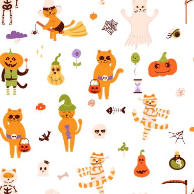 Cadılar Bayramı temalı kusursuz desen tasarımı, elementlerin arka planı kedi, kafatası, hayalet, iksir, yarasa, ay, hilal, balkabağı, yıldızlar, gözler ve şeker