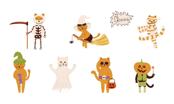 Şirin Cadılar Bayramı Kedileri seti. Balkabaklı şirin kediler, kostümler, iksirler, Cadılar Bayramı partisi için karakterler ve sihirli eşyalar. Kupür defteri, tebrik kartları, parti davetiyeleri, posterler, etiketler için mükemmel. El çizimi biçimi