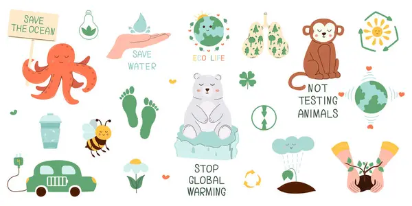 Şirin hayvanlarla çevre dostu bir set. Gezegen zekasını kurtarmanın ekolojik çizimleri