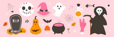 Cute set of Halloween elements. Ghosts, death with a scythe, pumpkins, potions, candies. Children's collection for the celebration of Halloween. Vector illustration in hand drawn style on a pink background. clipart