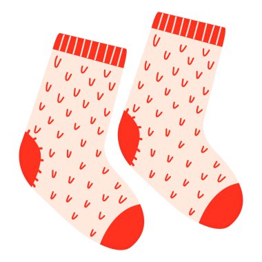Geometrik süslemeli yün ve pamuk çoraplar. Beyaz arka planda izole edilmiş farklı tatil modelleri olan renkli kış çorapları..