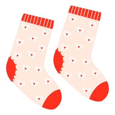 Yünlü yün ve pamuklu çoraplar. Beyaz arka planda izole edilmiş farklı tatil modelleri olan renkli kış çorapları..