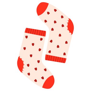 Kalp tasarımlı yün ve pamuklu çoraplar. Beyaz arka planda izole edilmiş farklı tatil modelleri olan renkli kış çorapları..