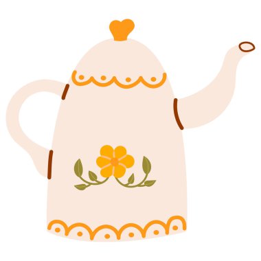 Güzel el çizimi çaydanlık. Tablo takımı ögesi. Basit komik çizgi film zirvesi beyazda izole edildi